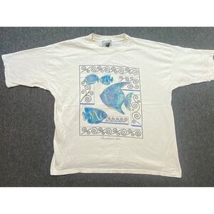 Stratosphere Fish Graphic T Shirt OSFA Mens White Vintage 90s Made in USA Cotton